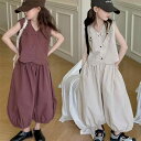 ガールズ セットアップ 女の子 春夏 肌触り柔らか ベスト ジレ ワイドパンツ ガウチョパンツ ゆったり 上下セット カジュアル おしゃれ コットン ルームウェア