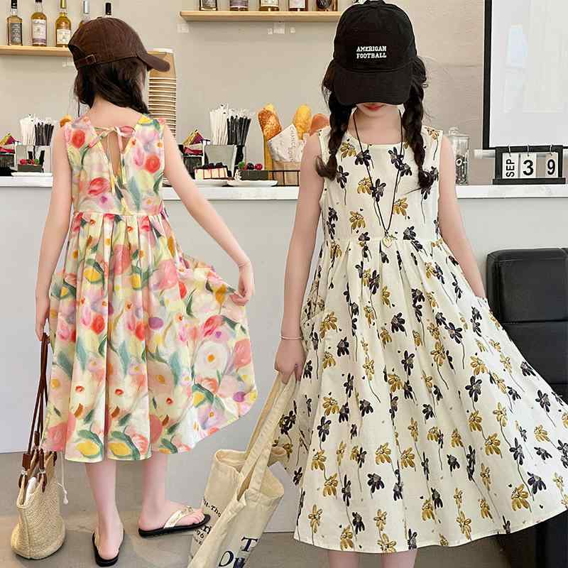 ワンピース ガールズ ジュニア かわいい 花柄 プリンセス風 ノースリーブ Aライン リゾートスタイル 韓国風 綿混素材 肌触り快適 柔らか 春夏