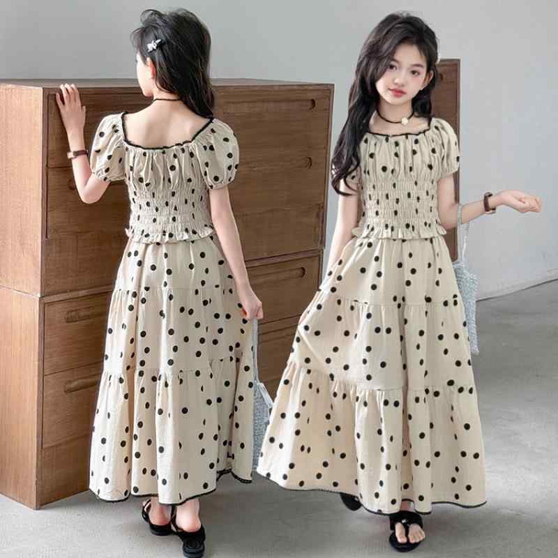 セットアップ ジュニア 女の子 夏 パフスリーブ ドット柄スカート 半袖 プルオーバー 薄手 おしゃれ 綿混素材 上品 ガーリー