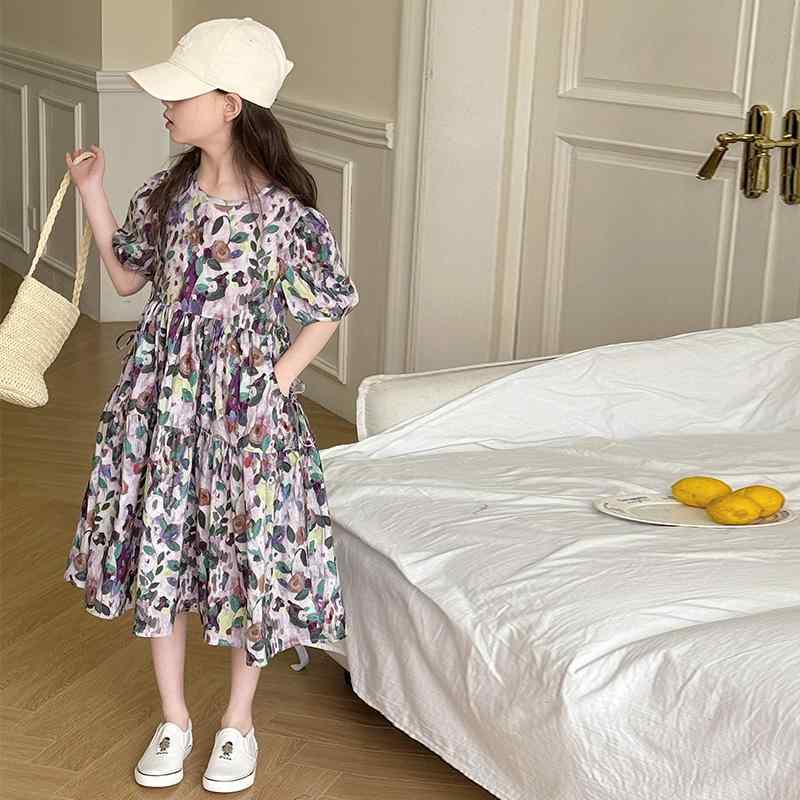 ワンピース 女の子 ガールズ 小学生 ジュニア 半袖 夏物 薄手 綿 コットン 花柄 小花柄 ゆったり ルー..