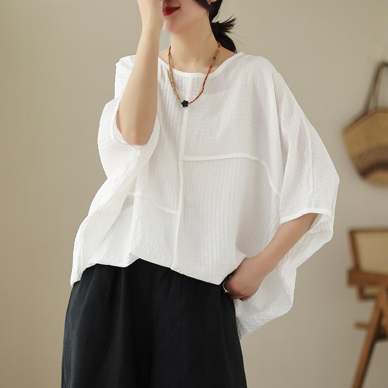 Tシャツ レディース 大きいサイズ ゆったり 体型カバー 着痩せ効果 ミセス 7分袖 ドルマンスリーブ 丸首 綿麻 無地 春夏 レトロ カジュアル