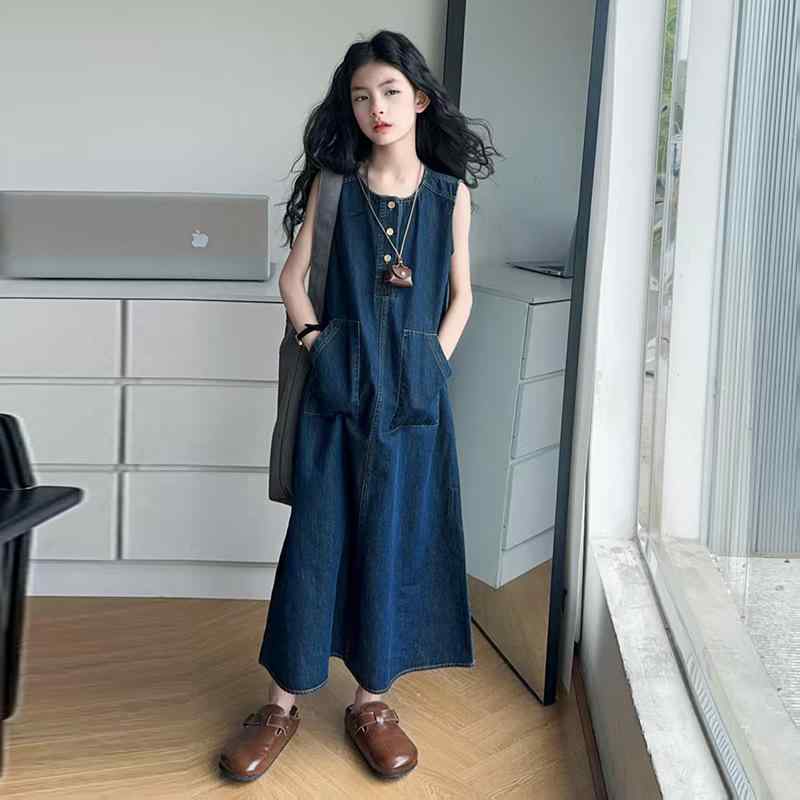 ワンピース キッズ 女の子 薄手 デニム ノースリーブ 韓国風 おしゃれ カジュアル ジャンパースカート プリンセス 夏服 通学 普段使い