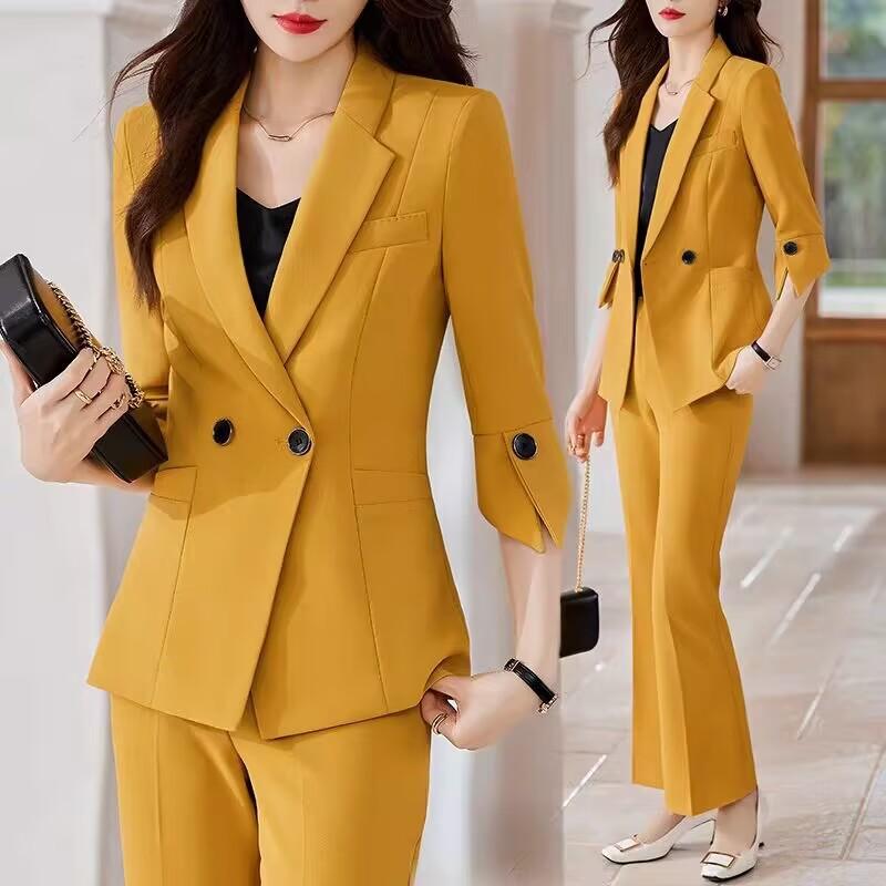 スーツ レディース セットアップ イエロー 黄色 ポリエステル 高級感 エレガント ビジネス オフィス 通勤 フォーマル 春夏 七分袖 ショート丈 テーラードジャケット フレアパンツ 2点セット
