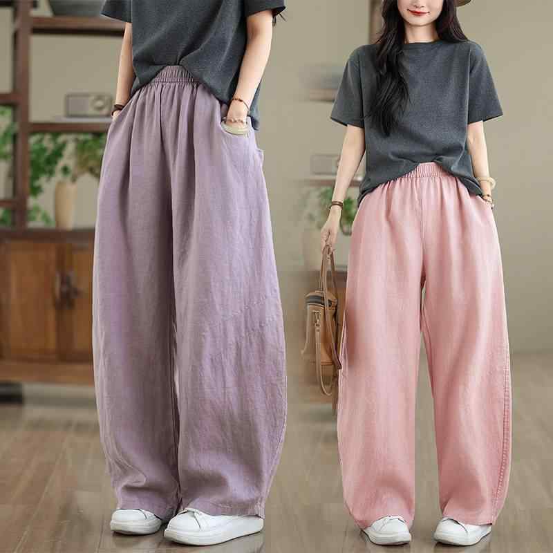 パンツ レディース ウエストゴム 綿麻 酵素洗い 薄手 ワイドストレートパンツ デザイナーズ ゆったり ..