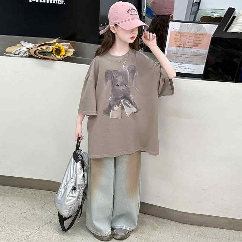 セットアップ ジュニア 女の子 夏 薄手 ゆったり 韓国風 半袖 Tシャツ デニム ロングパンツ 2点セット コットン素材 カジュアルスタイル 通学着 普段使い