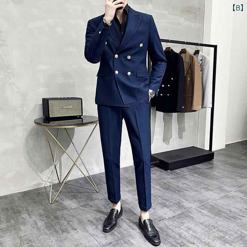 スーツ メンズ ダブルブレスト スリムフィット ピークドラペル 2点セット セットアップ サイドベンツ メタルボタン 春秋 ビジネスカジュアル 通勤