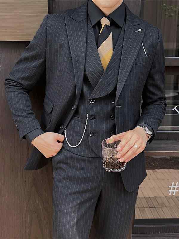 スーツ メンズ スリムフィット ストライプ柄 ダブルボタン スリーピース 結婚式 新郎 介添人 披露宴 パーティー フォーマル ビジネス 卒業式 入学式 セレモニー 春夏