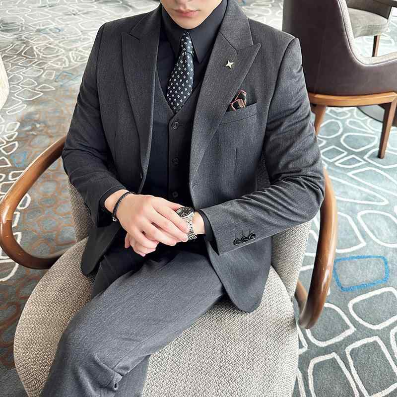 スーツ メンズ 秋冬 厚手 ピークドラペル スリーピース スリムフィット 大きいサイズ 先染め生地 ビスコース繊維 化繊混紡 ビジネス カジュアル セットアップ