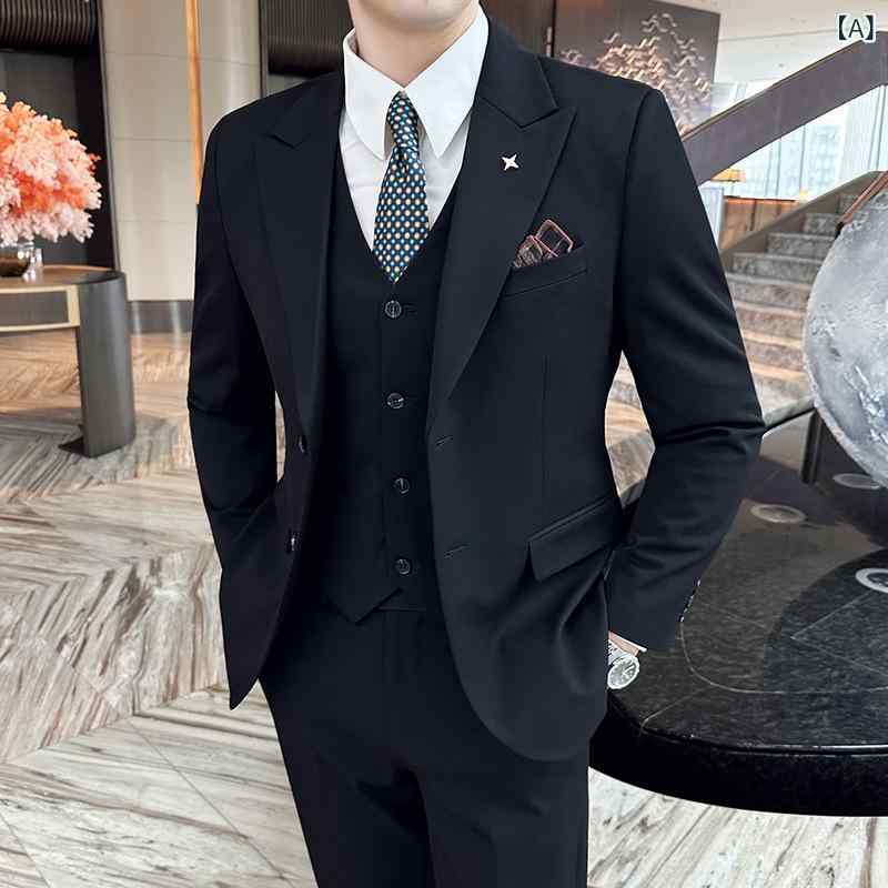 スーツ メンズ 秋冬 厚手 ピークドラペル スリーピース スリムフィット 大きいサイズ 先染め生地 ビスコース繊維 化繊混紡 ビジネス カジュアル セットアップ