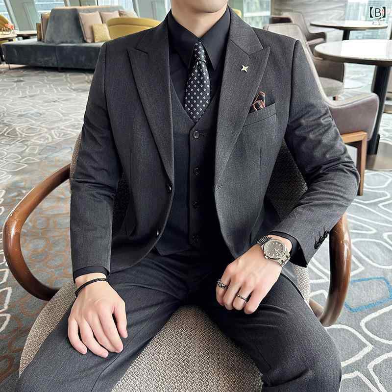 スーツ メンズ 秋冬 厚手 ピークドラペル スリーピース スリムフィット 大きいサイズ 先染め生地 ビスコース繊維 化繊混紡 ビジネス カジュアル セットアップ