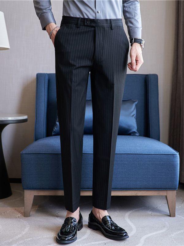 スラックス メンズ ストライプ ウエスト刺繍 スリム ストレート 上質 ポリエステル混紡 ストレッチ カジュアル ビジネス 秋冬
