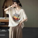 Tシャツ レディース 大きいサイズ ゆったり 体型カバー おしゃれ 英字プリント ロゴT 半袖 丸首 綿麻素材 夏 カジュアル ナチュラル