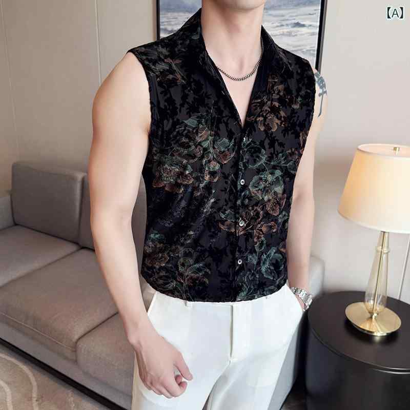 シャツ メンズ ノースリーブ ジャガード フロッキー加工 薄手 メッシュ 和風 レトロ 春夏 ゆったり スタンドカラー ウォッシャブル 形態安定 綿混 アセテート混 花柄