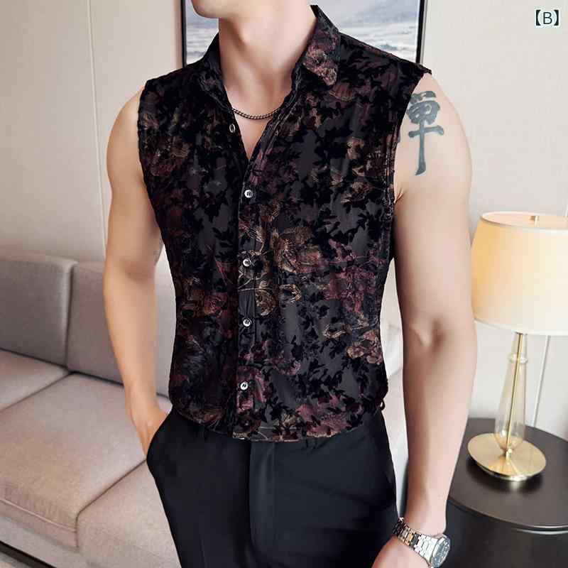 シャツ メンズ ノースリーブ ジャガード フロッキー加工 薄手 メッシュ 和風 レトロ 春夏 ゆったり スタンドカラー ウォッシャブル 形態安定 綿混 アセテート混 花柄