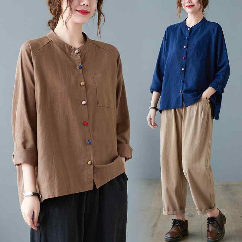 シャツ レディース 長袖 綿麻 無地 レトロ スタンドカラー きれいめ 切り替え ブラウス 通勤 オフィス ..