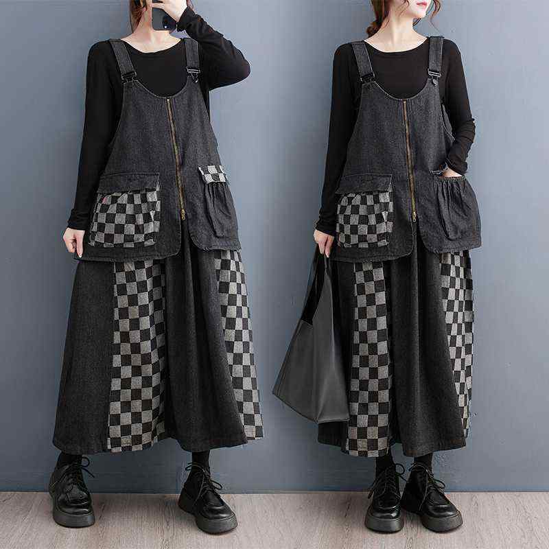 ワンピース レディース デニム ジャンパースカート 大人かわいい 体型カバー チェック柄 切り替え ゆったり ストリートファッション 秋冬 ロング丈 着回し抜群