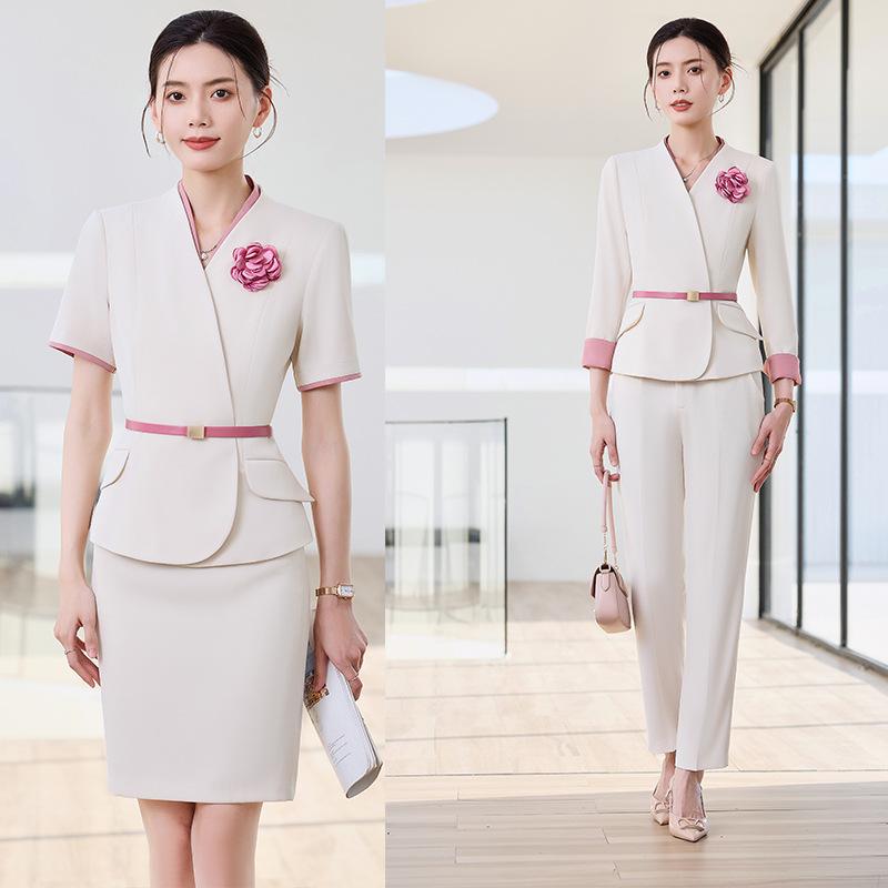 事務服 レディース 高級感 スーツ セットアップ テーラードジャケット 半袖 長袖 スカート パンツ ホテル 受付 美容師 オフィス ビジネス フォーマル 制服 大きいサイズ S-5XL対応 ポリエステル ビスコース混紡 おしゃれ エレガント