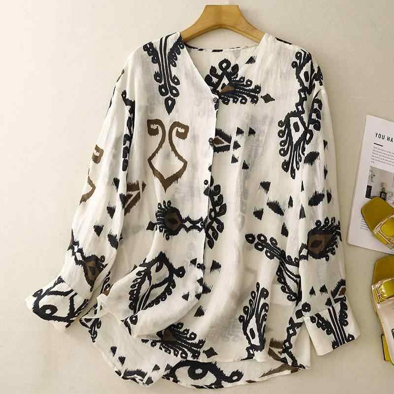 ブラウス レディース UVカット 薄手 ゆったり 長袖 リネン混 夏物 手描きプリント レトロ フリル袖 マカロンカラー クルーネック きれいめ 通勤スタイル