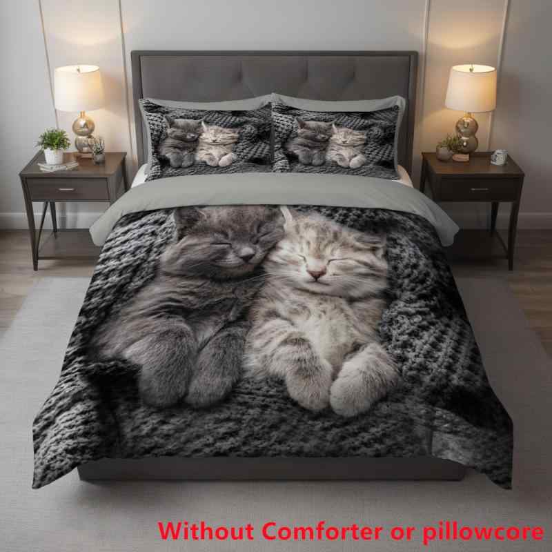 寝具カバーセット かわいい 猫 アニメ柄 布団カバー シーツ 3点セット デジタルプリント ピーチスキン加工 化繊 北欧スタイル(3)