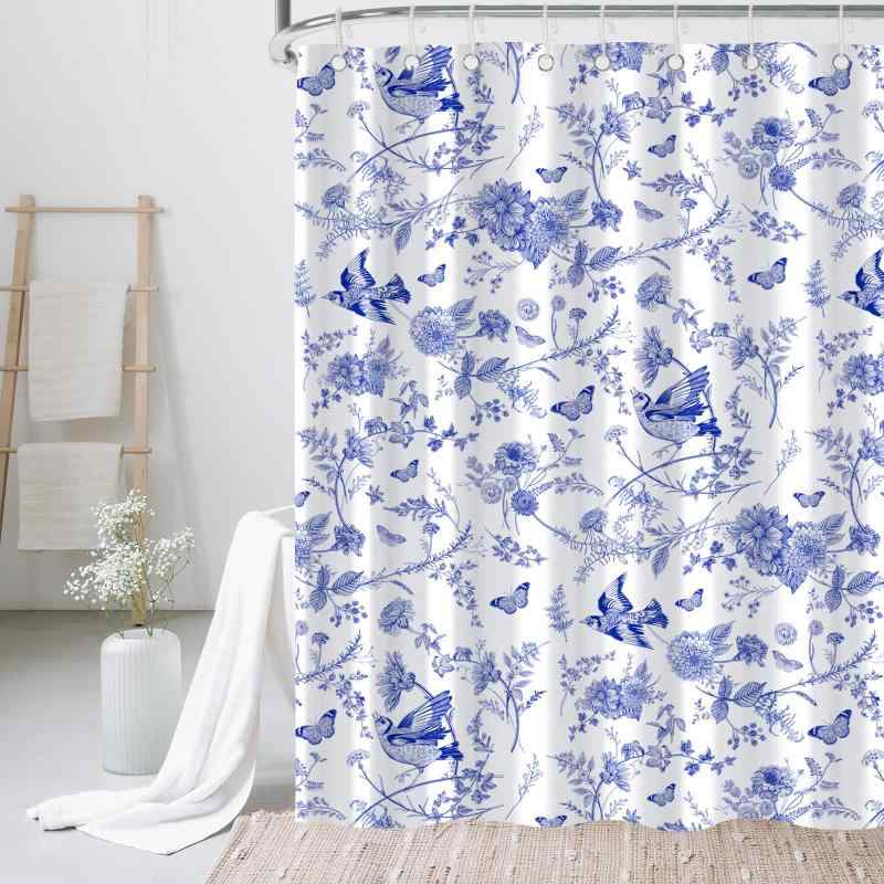 シャワーカーテン 防水 中国風 花鳥柄 青と白 花柄 ポリエステル製 フック付き バスルーム インテリア ..