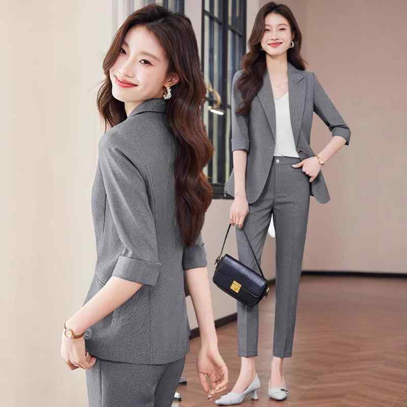 スーツ レディース 薄手 五分袖 ジャケット スラックス パンツ セットアップ 春夏 オフィス ビジネス フォーマル きれいめ 上品 通勤 カジュアル 2点セット