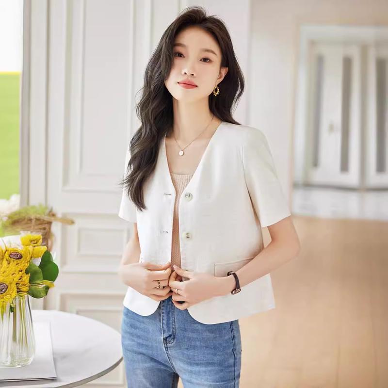 ジャケット レディース 吸汗速乾 薄手 綿麻 ショート丈 Vネック 半袖 3つボタン 低身長向け オフィス カジュアル 上品 エレガント 春夏