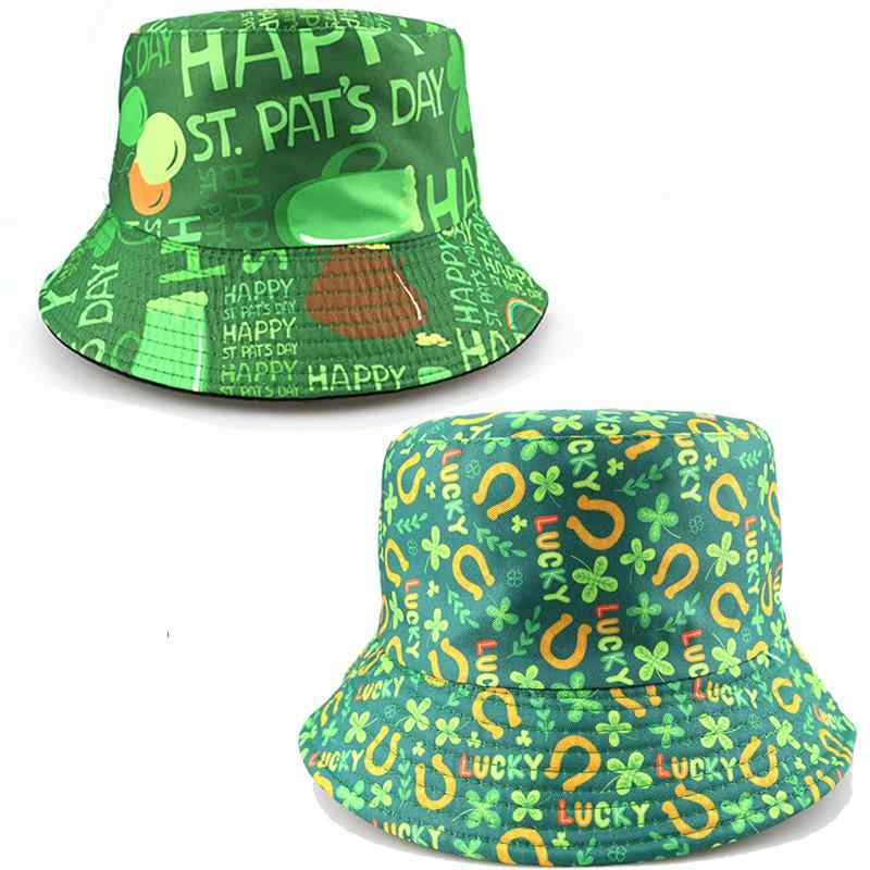 バケットハット 紫外線対策 日よけ 遮光 クローバー セントパトリックデー プリント柄 フェス イベント アウトドア レジャー 旅行 ショートブリム ポリエステル製 オールシーズン対応 グリーン 男女兼用(x2)