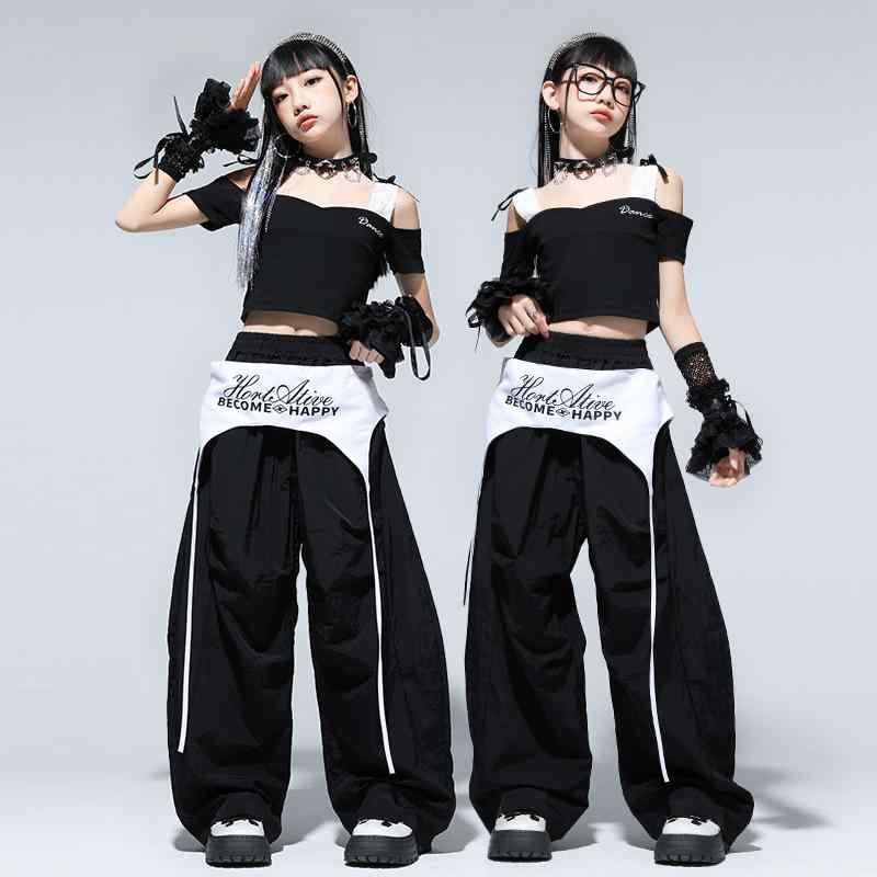 キッズ 女の子 ダンスウェア ヒップホップ ジャズダンス ストリート クール 夏用 発表会 ステージ 練習着 半袖 トップス ブラック パンツ セットアップ 吸汗速乾 ポリエステル