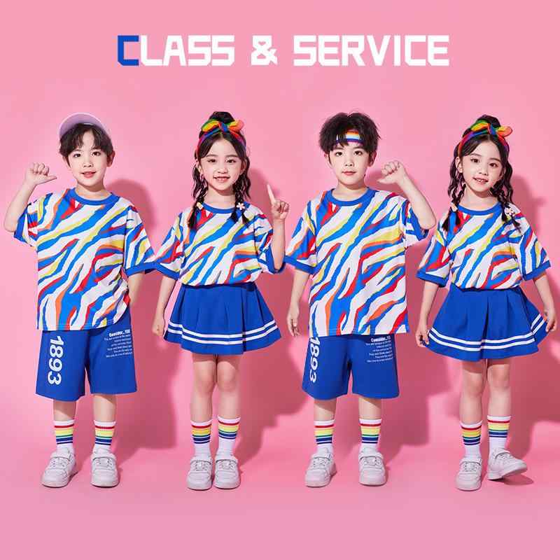 ダンス衣装 キッズ 子供 小学生 男女兼用 柔らかい肌触り 吸汗速乾 チアリーディング 運動会 スポーツ大会 発表会 ユニフォーム カラフル ストライプ 半袖 ショートパンツ スカート セットアップ