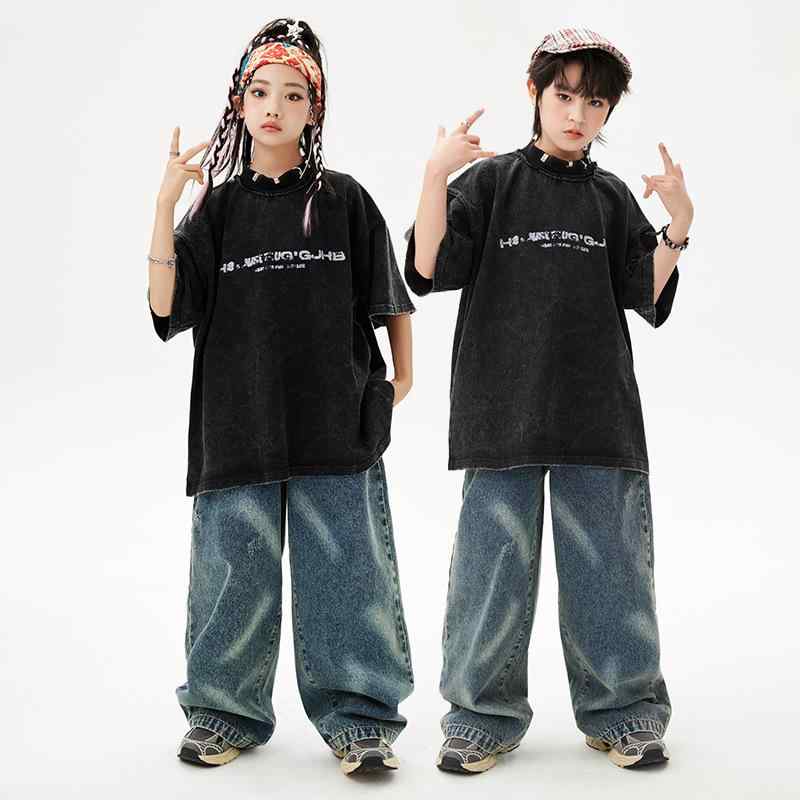 ダンス衣装 キッズ 男の子 女の子 ヒップホップ ストリート ジャズダンス ゆったり セットアップ レトロ Tシャツ デニムパンツ 発表会 ステージ衣装 綿 ブラック ブルー