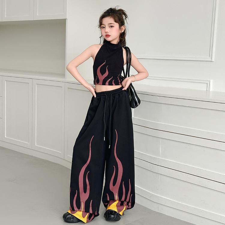 キッズ ガールズ ダンス衣装 ヒップホップ ストリート フレイム柄 ノースリーブ タンクトップ ロングパ..