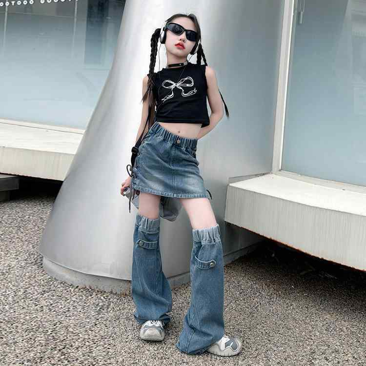 キッズ 女の子 スカートセットアップ 綿 コットン 薄手 韓国風 おしゃれ カジュアル ノースリーブ タンクトップ デニム ミニスカート 夏物 涼しい ジュニア 小学生 中学生 2点セット