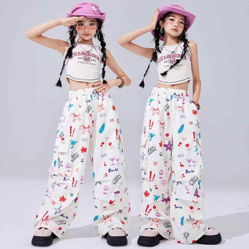 キッズ 女の子 ダンスウェア ジャズダンス ヒップホップ ストリート セットアップ クロップド丈トップス ロングパンツ 夏 発表会 ステージ衣装 パフォーマンス 子供用 K-POP カジュアル
