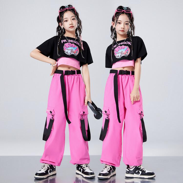 ダンス衣装 キッズ ガールズ 春夏 半袖 ヒップホップ ストリート ドーパミンカラー クロップド丈トップス 発表会 ステージ衣装 練習着 速乾