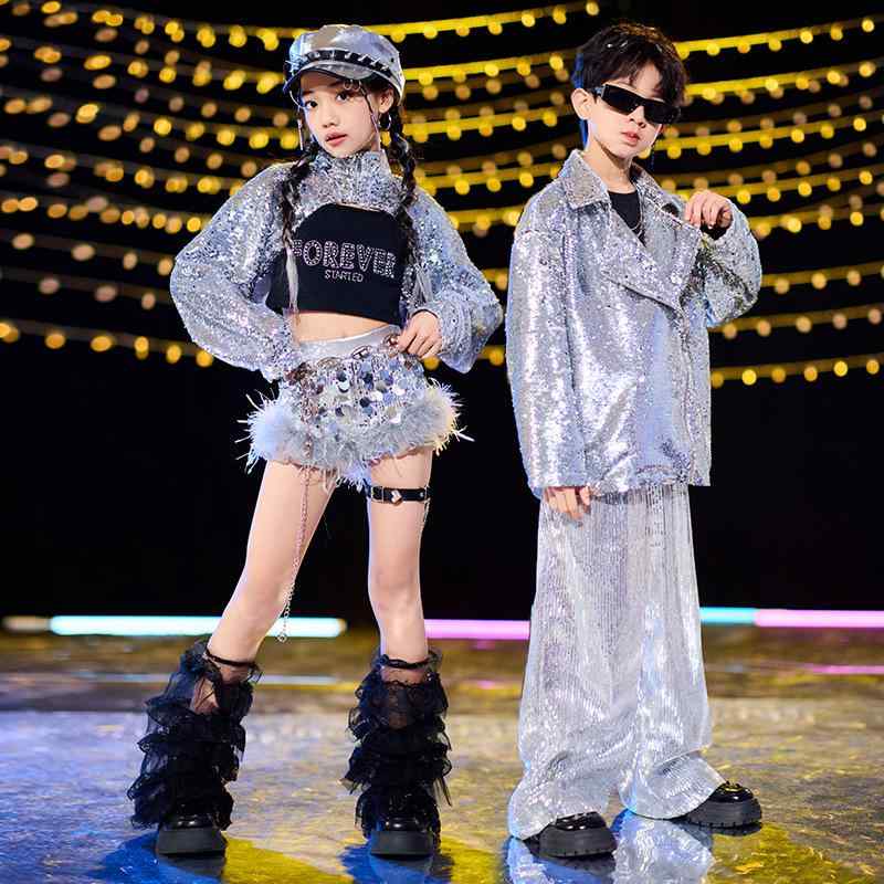 ダンス衣装 キッズ 男の子 女の子 ジュニア ヒップホップ ストリート スパンコール 上下セット かっこいい 舞台 発表会 ドラム演奏会 レッスン 練習着 ポリエステル素材