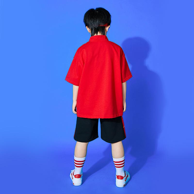 キッズ ダンスウェア 男女兼用 小学生 発表会 衣装 運動会 体育祭 チアダンス 合唱 半袖 パフォーマンス服 チームユニフォーム コットン 綿 ヒップホップ レッド 春夏