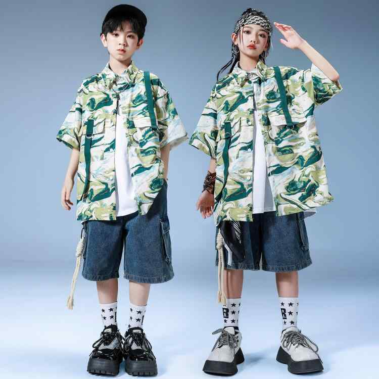 ダンスウェア キッズ 男の子 女の子 男女兼用 ヒップホップ ストリートダンス 半袖シャツ セットアップ ストリートカジュアル ワークスタイル おしゃれ クール 春夏 ポリエステル 中大童