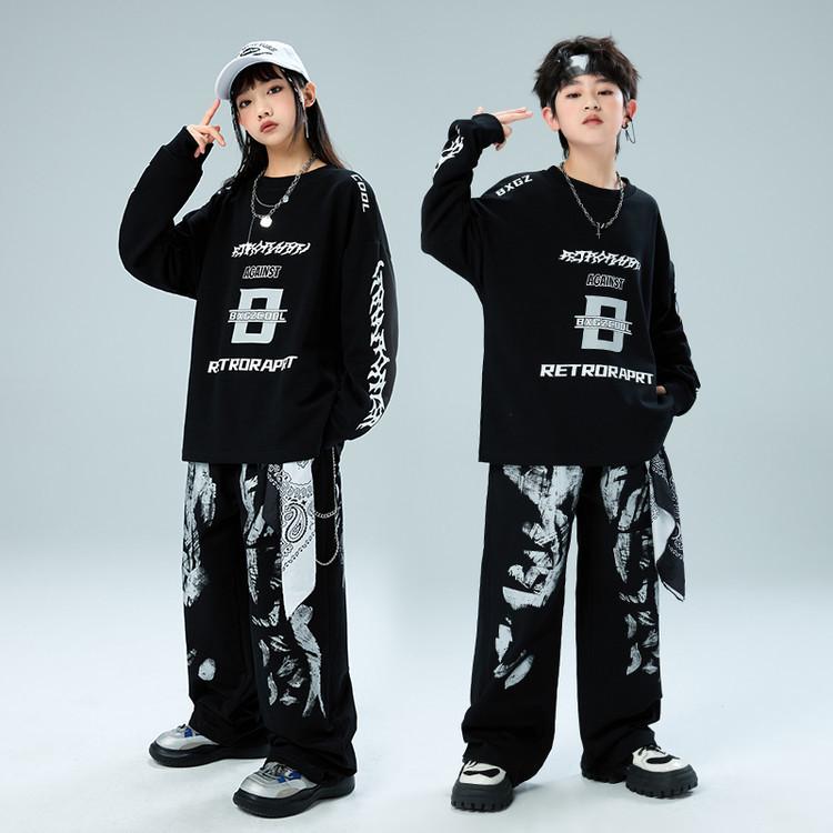 キッズダンス衣装 男女兼用 タイダイ染め ヒップホップ ストリート 長袖トップス ロングパンツ 2点セット 発表会 ステージ衣装 ドラム 練習着 春秋 綿 コットン