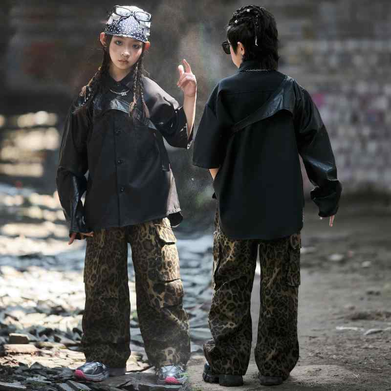 ダンス衣装 キッズ ヒップホップ ストリート ジャズ セットアップ 発表会 レッスン着 男女兼用 ポリエステル素材 速乾 通気性 ブラック ヒョウ柄 かっこいい おしゃれ 小学生 中学生 ドラム演奏 ステージ ファッションショー