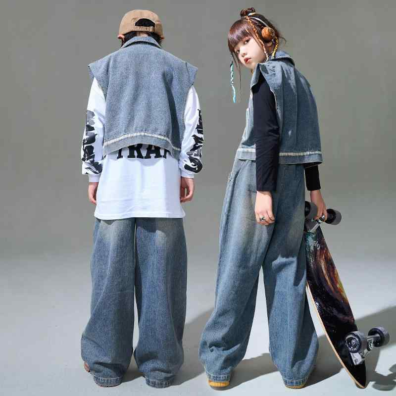 キッズ ダンス衣装 男の子 女の子 ヒップホップ ストリート ジャズ デニム ベスト ロングパンツ セット..