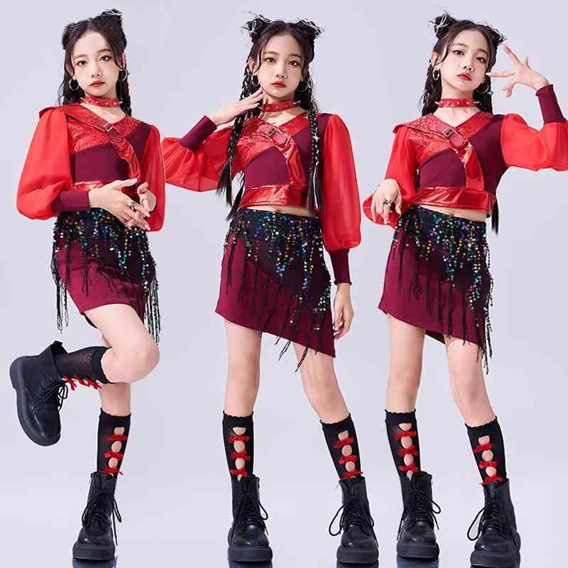 ジャズダンス キッズ ガールズ ダンス衣装 おしゃれ かっこいい 発表会 ステージ パフォーマンス 秋冬 セットアップ 光沢トップス ショート丈スカート ポリエステル素材