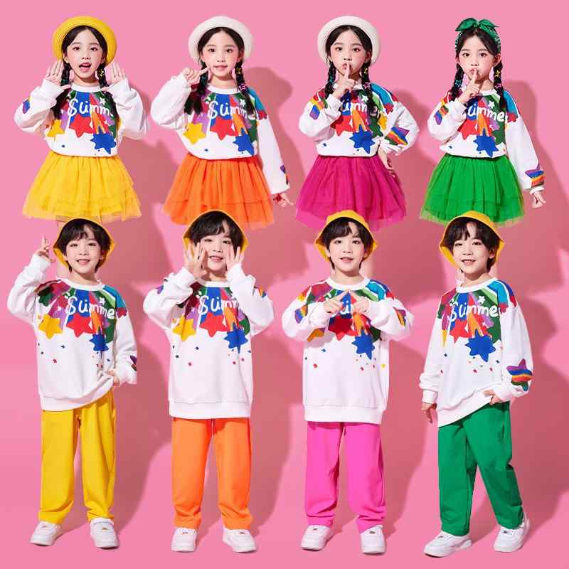 キッズ ダンス衣装 男女兼用 幼稚園 小学生 運動会 発表会 合唱 チアリーディング クラスウェア ポリエステル 中大童