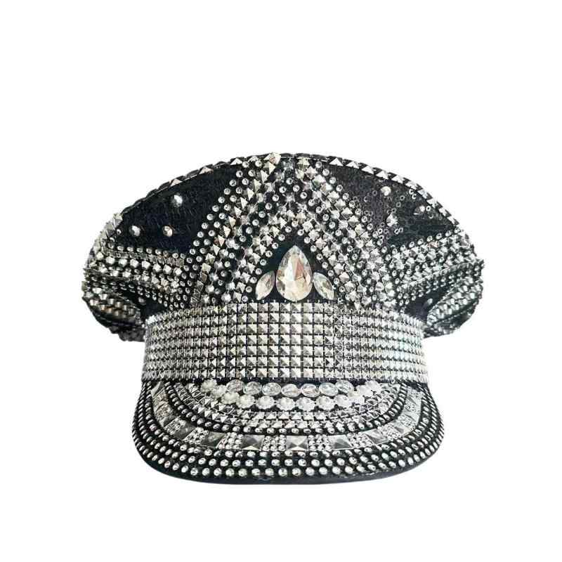 マリンキャップ 男女兼用 ブラック ラインストーン スパンコール リベット スチームパンク風 欧米風 大人 パーティー 舞踏会 演劇 ステージ 個性的 ヘッドウェア 広つば フラットトップ ポリエステル サテン織り オールシーズン(4)