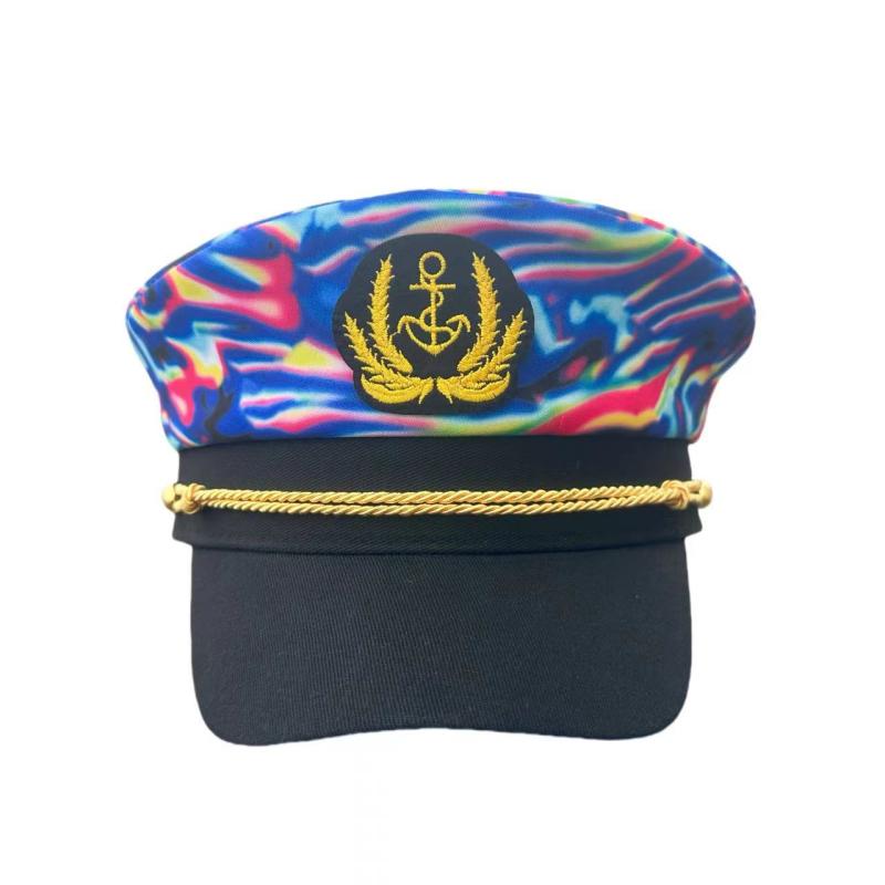 マリンキャップ ユニセックス ブルー カラフル 錨マーク 刺繍 ポリエステル素材 平天 平つば 日よけ オ..