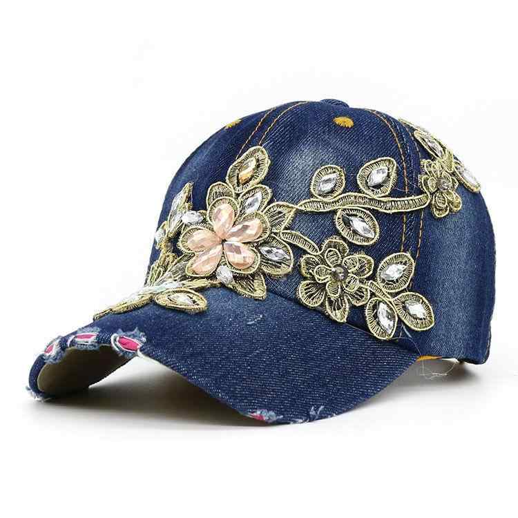 キャップ デニム生地 手作り ラインストーン装飾 豪華 金糸 フラワー刺繍 日よけ UVカット サイズ調整可能 カジュアルファッション