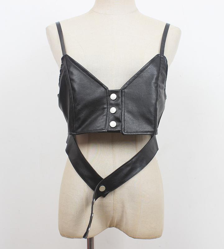 キャミソール ベスト レディース ショート丈 レザー ブラック レイヤード 重ね着 ストリート系 カジュアル 欧米風 春秋 フリーサイズ PUレザー 合成皮革(4)