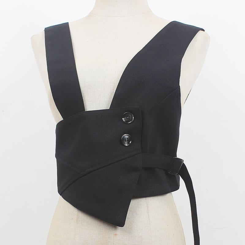 ベスト レディース 日系 レトロ ウエストマーク アシンメトリー ストレッチ 個性派 重ね着 春夏 Vネック 黒 フリーサイズ 再生繊維