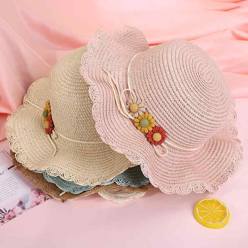 麦わら帽子 キッズ 女の子 UVカット 紫外線対策 つば広 フリル付き 三輪花 麦わらバッグ セット 春夏 ..