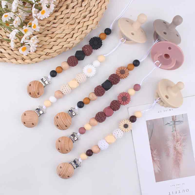 ベビー用 赤ちゃん 乳幼児向け 落下防止 歯がため付き ブナ材 シリコン製 かわいい デイジー キャラクター おしゃぶりクリップ おしゃぶりチェーン(x3)