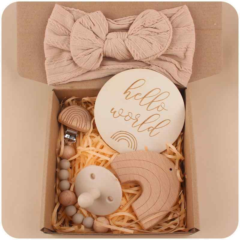 歯固め ベビー ブナの木製 シリコン製 キャラクター レインボー 5点セット 出産祝い 男の子 女の子 おしゃぶりホルダー リボン ヘアバンド くすみカラー かわいい(x3)